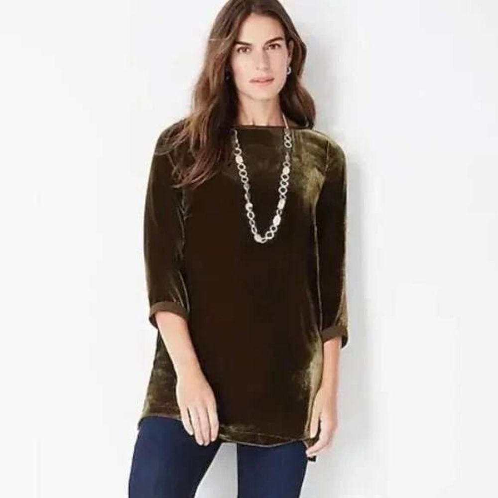 J. Jill Tunic Velvet Silk Blend Womens L Deep Olive Green 3/4 Sleeve NEW $189
